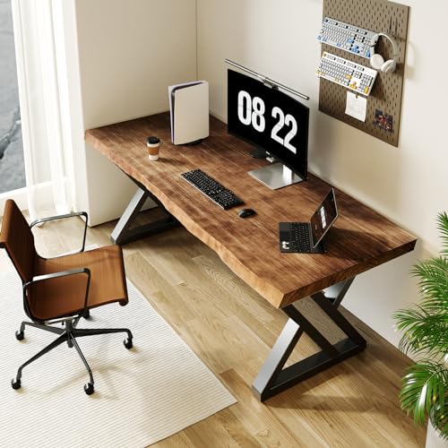 Sihtengxxhongs Solid Wood Desk 55 Inch, Rustic Home Office Computer Desk with Heavy Duty Metal Legs, Large Executive Writing Study Desk, Real Wood Workstation for Home, Office, Dining Room - size: FS-55