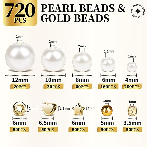 LEOBRO Pearl Beads for Bracelets, 720PCS Bracelet Making Kit for Adult, Bracelet Bead Kits, Small Pearl Beads and Gold Beads for Bracelets, Jewelry Making Kit - color: Creamy White
