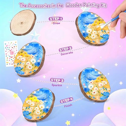 Sulataya Wooden Painting Kit, Wood Slices Craft Kit Gift Set with Assorted Gems & Diamond Painting Tools – Creative Art Activity Supplies for Adults Beginners
