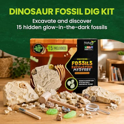 Nature Gear Dino Fossil Dig Kit for Kids, Educational Excavation Kit with 15 Glow in The Dark Mystery Fossils, Interactive Dinosaur Science Kits for Kids Age 3-5 and Up, Excavation Adventure Kit - style: Excavation Adventure Kit