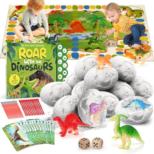 Dino Eggs Dig Kit, 12 Pack Dinosaur Eggs Excavation Set, Easter Gift Dinosaur Toys Science Experiments Kits with 12 Cards, Easter Basket Stuffers Toys for 3 4 5 6 7 8 9 10 11 Year Old Boys Girl