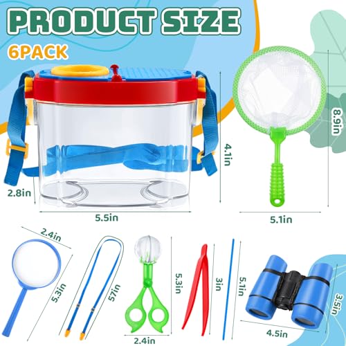 VioraWhite 6 Sets Bug Catcher Kit for Kids Outdoor Explorer Kit Summer Bug Collection Kit with Kids Binoculars Butterfly Net Magnifying Glasses Tweezers Bug Observation Containers with Shoulder Strap