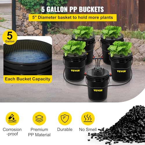 VEVOR 5 Buckets DWC Hydroponic System, 5 Gallon, Deep Culture, Plants Grow Kit with Pump, Air Stone and Water Level Device, for Indoor/Outdoor Leafy Vegetables, Black - style: 5 Buckets