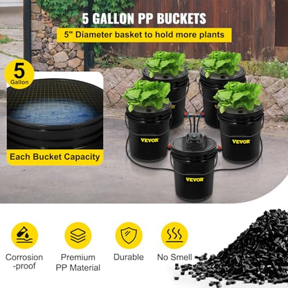 VEVOR 5 Buckets DWC Hydroponic System, 5 Gallon, Deep Culture, Plants Grow Kit with Pump, Air Stone and Water Level Device, for Indoor/Outdoor Leafy Vegetables, Black - style: 5 Buckets