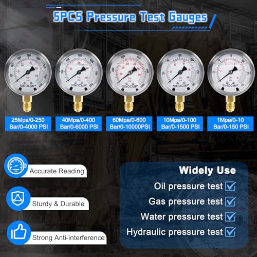 Hydraulic Pressure Test Kit with 5 Gauges 150/1500/4000/6000/10000 Psi, 5 Test Hoses, 24 Couplings Quickly Connector Diagnosis Tester Kit Set for Excavator Construction Machinery(Black) - size: Black 5 Gauges 24 Couplings