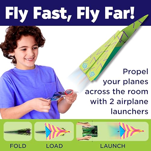 Creativity for Kids Paper Airplane Kit - Stunt Squadron Neon Glow, Makes 70 Paper Airplanes and 2 Plane Launchers, STEM Birthday or Summer Activities for Kids (Ages 6+)