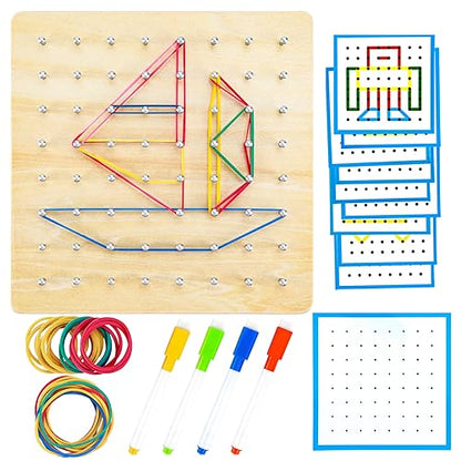 HEELWIRE Wooden Geoboard, Montessori Educational Toy for Kids with Pattern Cards and Rubber Bands to Figures and Shapes, Brain Teaser STEM Geo Board - size: 7*7*0.6 in Plus