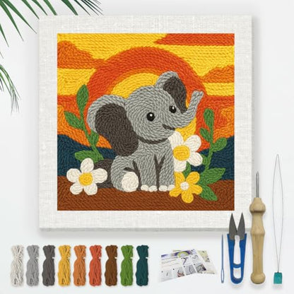DOODLREAM Cartoon Elephant DIY Punch Needle Embroidery Kit for Adult Beginner, 9.4" Sunset Glow Animal Punch Stitching Craft Set for Starter with Frame,Fabric Pattern,Threader, Yarn, Pinch Needle - color: Elephant