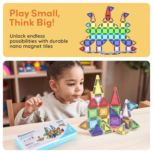 PicassoTiles Magnetic Tiles 30pc Nano Building Construction Set Compact Mini Travel Magnet Tile Playset with Tin Storage Case STEM Educational Learning School Brain Toy Blocks Boys Girls Ages 3+ PN09 - color: 30 Pcs Nano With Tin Storage Case