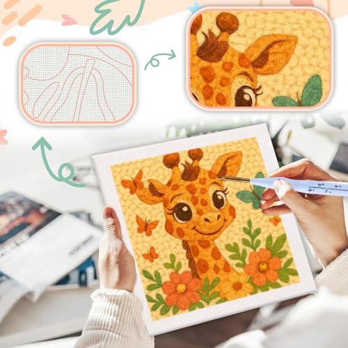 SDOYUNO Punch Needle Kit with Frame for Adults Beginners Kits 9.84 x 9.84 Inch Embroidery Starter Kits Punch Needle Kit with Giraffe Pattern, Threader, Yarns, Rug Punch, DIY Craft Kits (Cyan) - color: cyan