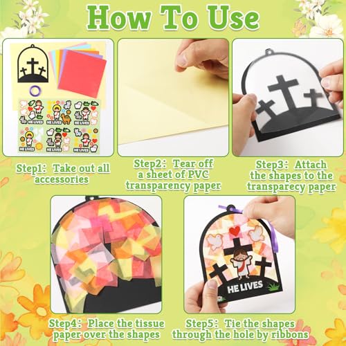 Qyeahkj 36 Set Easter Jesus Cross Suncatchers Crafts for DIY Christian Religion Cross Window Tissue Paper Craft Kit Hanging Decor for Home Activity Art Project Birthday Party Favor - style: Easter Jesus Cross