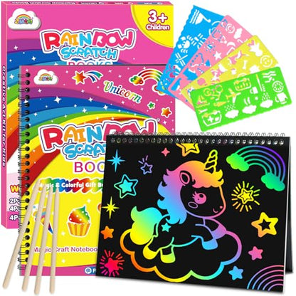 ZMLM Scratch Paper Art-Crafts Gift: 2 Pack Rainbow Notebooks Supplies Toys - color: Pink & Yellow