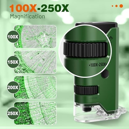 100x-250x Pocket Microscope for Kids Adults, Protable Handheld Miniscope, Mini Microscope Kit for Kids Adults Home School Lab Biology Science Education, Green - color: Green
