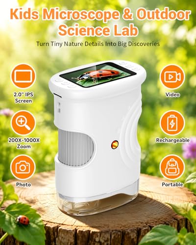 Handheld Microscope for Kids with 2.0" IPS Screen Digital Outdoor Gifts - color: White