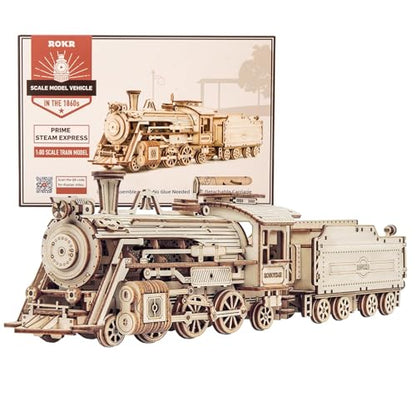 ROKR 3D Wooden Puzzle for Adults Mechanical Car Model-DIY Building Vehicle Kits-Brain Teaser Toys-Gift for Men Women on Birthday/Christmas Day (Steam Train Model with Carriage)