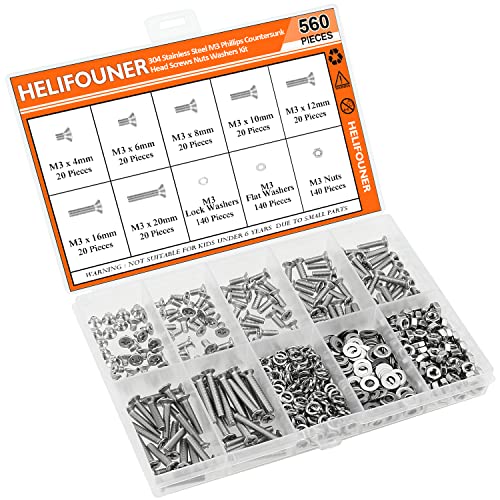 HELIFOUNER 560 Pieces M3 x 4mm /6mm /8mm /10mm /12mm /16mm /20mm, Phillips Countersunk Head Machine Screws, Metric Screws Bolts Washers Nuts Kit, 304 Stainless Steel - size: M3, style: Phillips Countersunk Head