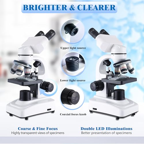 Binocular Microscope for Adults Kids Students, 64X-6000X Microscopes, 3 Objective Lens, Metal-Body Dual LED Illumination, Biological Compound Microscope Kit for School Lab, Homeschool - style: Microscope Kit - 1