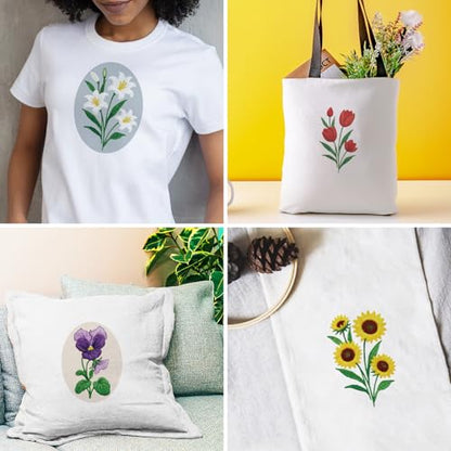 INFUNLY 6 Pack Elliptical Shape Embroidery Starter Kit for Beginners Flowers DIY Embroidery Kits for Adults Sunflower Rose Stamped Needlepoint Set with Step-by-Step Instructions Craft Lover Gift - style: Elliptical