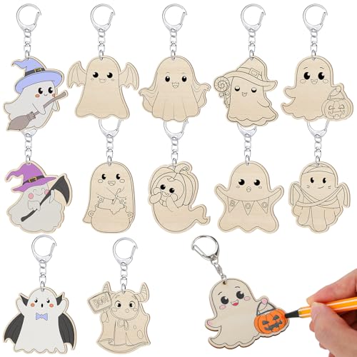Trnayi 36 Pcs Halloween Ghost Wood Keychain Color Your Own DIY Craft - style: Ghost