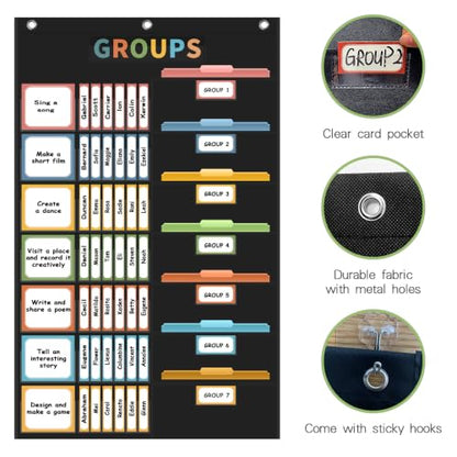 REGELETO Boho Small Group Management Pocket Chart with 114 Cards, Large Size 46 x 26.3 inch Classroom Small Group Organizer for School Teacher Homeschool Learning Supplies (Black) - size: 56-Pockets