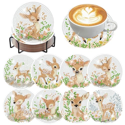 8 Pcs Deer Animals Diamond Art Coasters with Holder Cork Pads - color: Deer Diamond Art Coasters