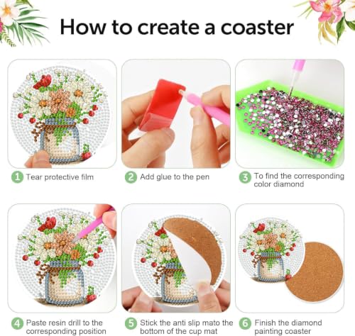 8 PCS Diamond Art Coasters Kit for Adults, Flower Diamond Painting Coasters - color: Flower-4