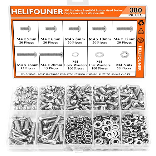 HELIFOUNER 380 Pieces M4 x 5mm /6mm /8mm /10mm /12mm /16mm /20mm, Button Head Socket Cap Screws Bolts Washers Nuts Kit, 304 Stainless Steel - size: M4, style: Button Head Socket Cap