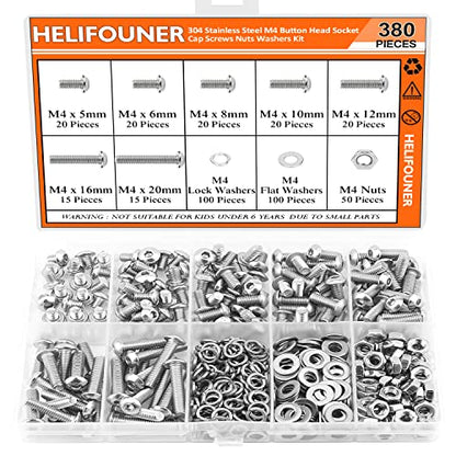 HELIFOUNER 380 Pieces M4 x 5mm /6mm /8mm /10mm /12mm /16mm /20mm, Button Head Socket Cap Screws Bolts Washers Nuts Kit, 304 Stainless Steel - size: M4, style: Button Head Socket Cap