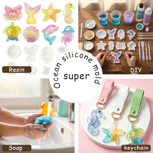 8Pcs Ocean Epoxy Resin Silicone Molds for Casting Keychain Pendant - color: Ocean Animal Resin Mold