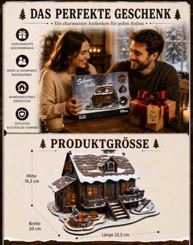 LED 3D Wooden Puzzle Winter Cabin DIY Miniature Building Kit with LED Lights - 3D Craft Rural Wooden Cabin Models Decor Gift for Adult