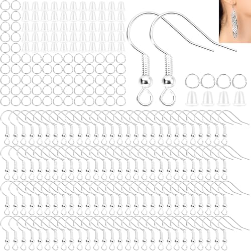 Hypoallergenic Earring Hooks, Ear Wires Fish Hooks, 600 Pcs Silver Earing Making Supplies Kit with Earring Backs and Jump Rings for DIY Jewelry Making (Silver) - color: Silver