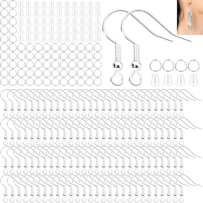Hypoallergenic Earring Hooks, Ear Wires Fish Hooks, 600 Pcs Silver Earing Making Supplies Kit with Earring Backs and Jump Rings for DIY Jewelry Making (Silver) - color: Silver
