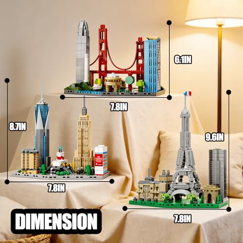 3 Famous World Architecture Skyline Collection Building Set, Paris, New York City, San Francisco Includes Golden Gate Bridge, Eiffel Tower etc, Ideal Valentine's Day Gift for Lover(1648PCS) - style: 3 Skyline-1