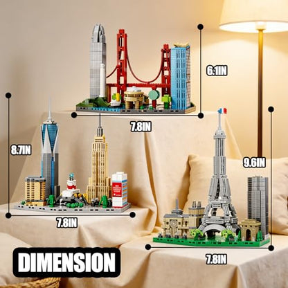 3 Famous World Architecture Skyline Collection Building Set, Paris, New York City, San Francisco Includes Golden Gate Bridge, Eiffel Tower etc, Ideal Valentine's Day Gift for Lover(1648PCS) - style: 3 Skyline-1
