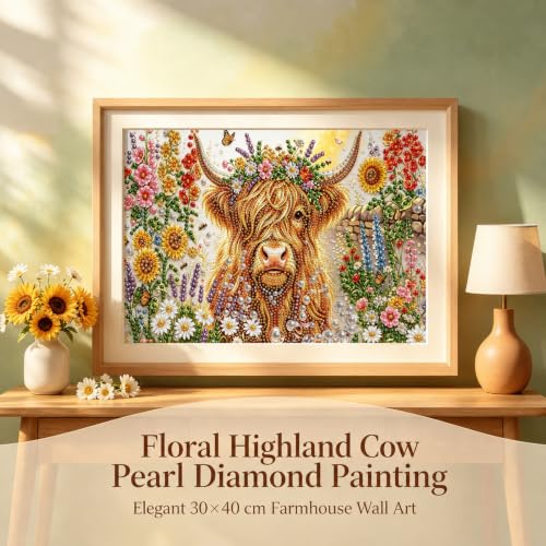 Flower Pearl Diamond Painting Kits for Adults,Highland Cow Diamond Art - color: PL75-1