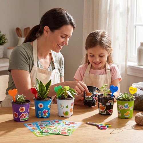 150 Sets Garden Pot Craft Kit Bulk DIY Flower Planting Kit Including Plastic Nursery Pots Labels and Stickers for Flower Planting Growing Garden Supplies(Fresh) - style: Fresh