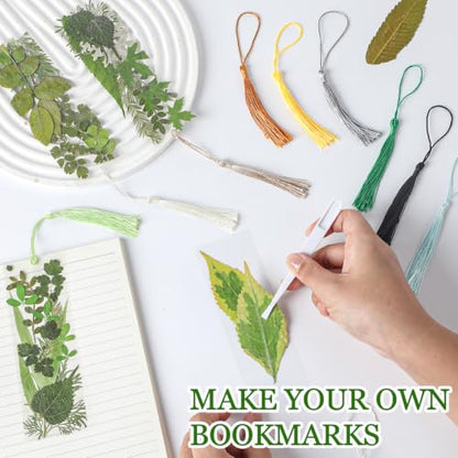 20 Sets Dried Leaves Bookmark Making Kit Transparent Bookmark DIY Projects Craft Gift Bulk PET Sticker with Color Tassels and Tweezer for Classroom Activities Reading Award and Book Lovers (Leaves) - style: Leaves