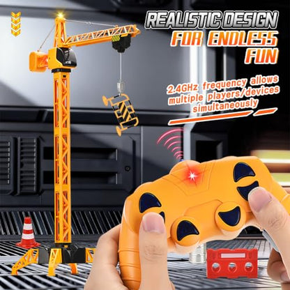 35.5-Inch 6 Channel RC Tower Crane for Kids, Remote Control Crane Toy with LED Lights, 360° Rotating Lift Construction Vehicles with Grabber, Log, Lifting Basket, Educational Learning Toys for Boys