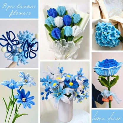 5-Color Blue Pipe Cleaner Flower Kit,300 Pcs Pipe Cleaners Craft - color: Blue