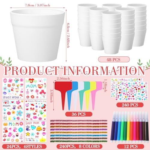Funnymoom 48 Set Mother's Day Pot Crafts Paintable Flower Pot Craft Kit DIY with Watercolor, Pen Stickers, Plant Labels Garden Growing Kits for for Mom Spring Mother's Day Fun Activity - style: Mother's Day