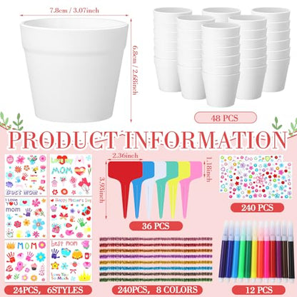 Funnymoom 48 Set Mother's Day Pot Crafts Paintable Flower Pot Craft Kit DIY with Watercolor, Pen Stickers, Plant Labels Garden Growing Kits for for Mom Spring Mother's Day Fun Activity - style: Mother's Day
