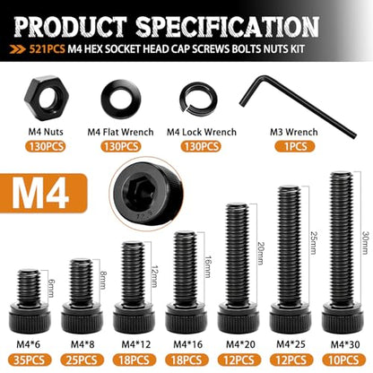 mankk 521PCS M4 Bolts Assortment Kit, Hex Socket Head Cap Hardware - size: M4, style: Hex Socket Cap