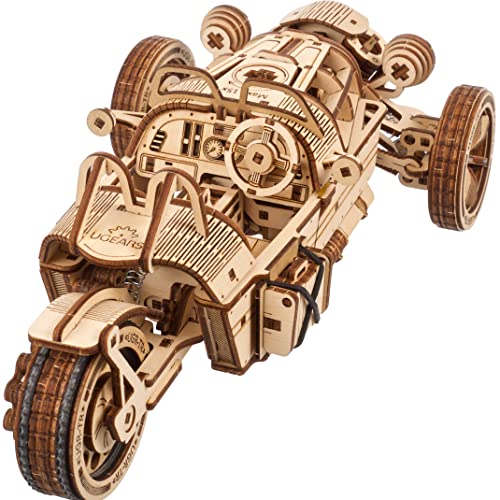 UGEARS Three-Wheeler UGR-S Motorcycle Model Wooden 3D Puzzles for Adults - Wooden Model Kits for Adults Motorcycle Gifts for Men Kit with Spring Motor, Functional Steering Chain Drive DIY Model