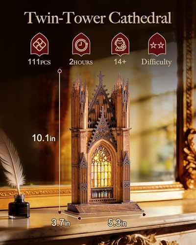 Rolife 3D Wooden Puzzle - Gothic Twin-Tower Cathedral Architecture Model with LED Lights, DIY Craft Building Kit for Adults, Unique Home Decor & Birthday for Hobbyists - style: Gothic Twin-Tower Cathedral