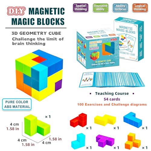 Magnetic Building Blocks Magic Magnetic 3D Puzzle Cubes, Set of 7 Multi Shapes Magnetic Blocks with 54 Guide Cards - style: style2