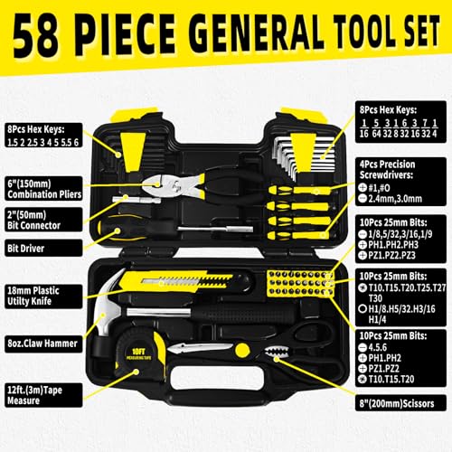 58-Piece Household Tool Set, Yellow Hand Kit with Plastic Toolbox - color: Yellow, size: 58-Piece