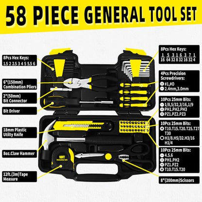 58-Piece Household Tool Set, Yellow Hand Kit with Plastic Toolbox - color: Yellow, size: 58-Piece