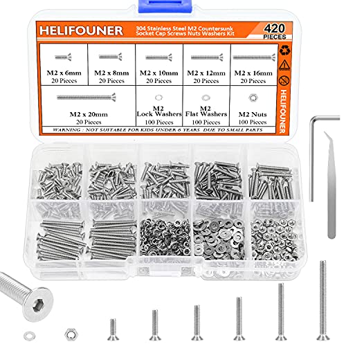 HELIFOUNER 420 Pieces M2 x 6mm /8mm /10mm /12mm /16mm /20mm, 304 Stainless Steel M2 Countersunk Socket Cap Screws Nuts Washers Kit - size: ['M2']