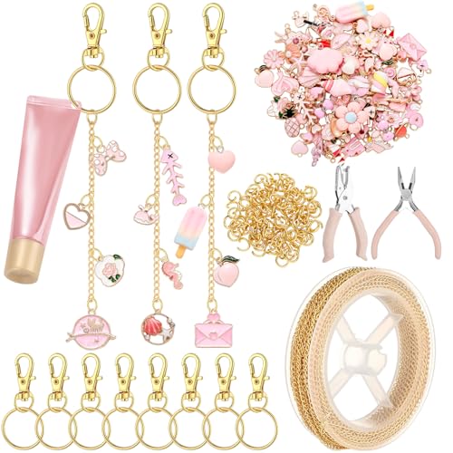 VioraWhite 213 Pcs Keychain Making Kit Bag Charm Kit Lip Gloss Key Chain 100 Pink Enamel Charms 32.81 ft Gold Chains for Galentines DIY Crafts Women(Elegant) - style: Elegant