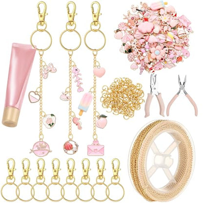 VioraWhite 213 Pcs Keychain Making Kit Bag Charm Kit Lip Gloss Key Chain 100 Pink Enamel Charms 32.81 ft Gold Chains for Galentines DIY Crafts Women(Elegant) - style: Elegant
